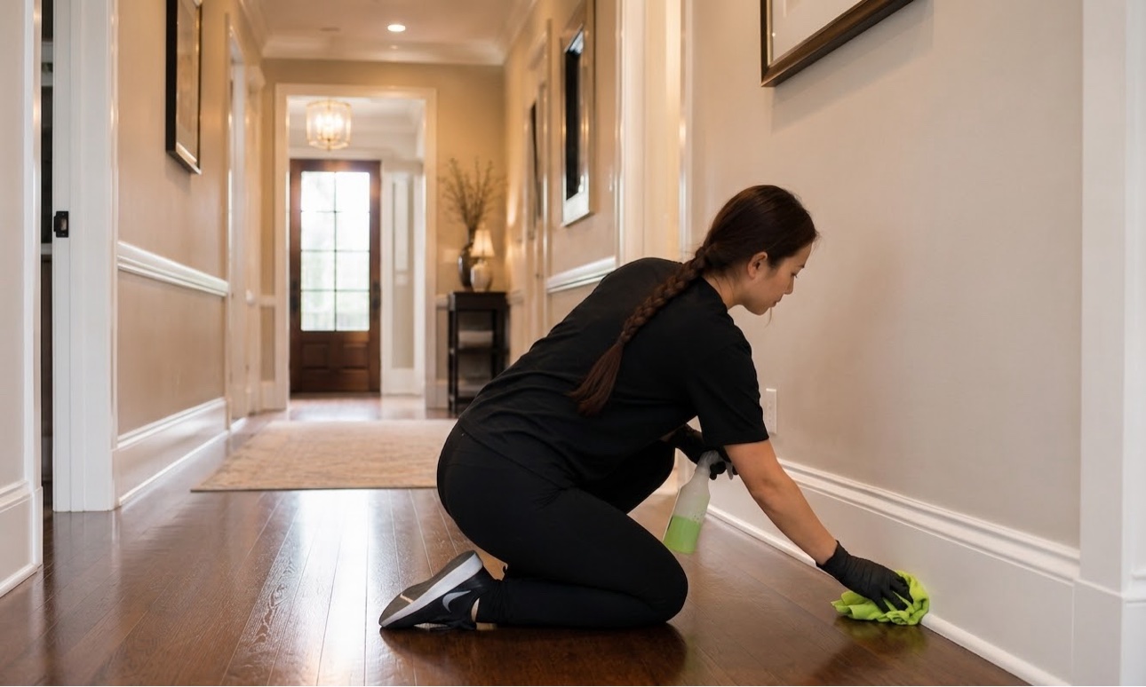 Monica kneeling to wipe a hallway baseboard by hand — the details a deep clean covers