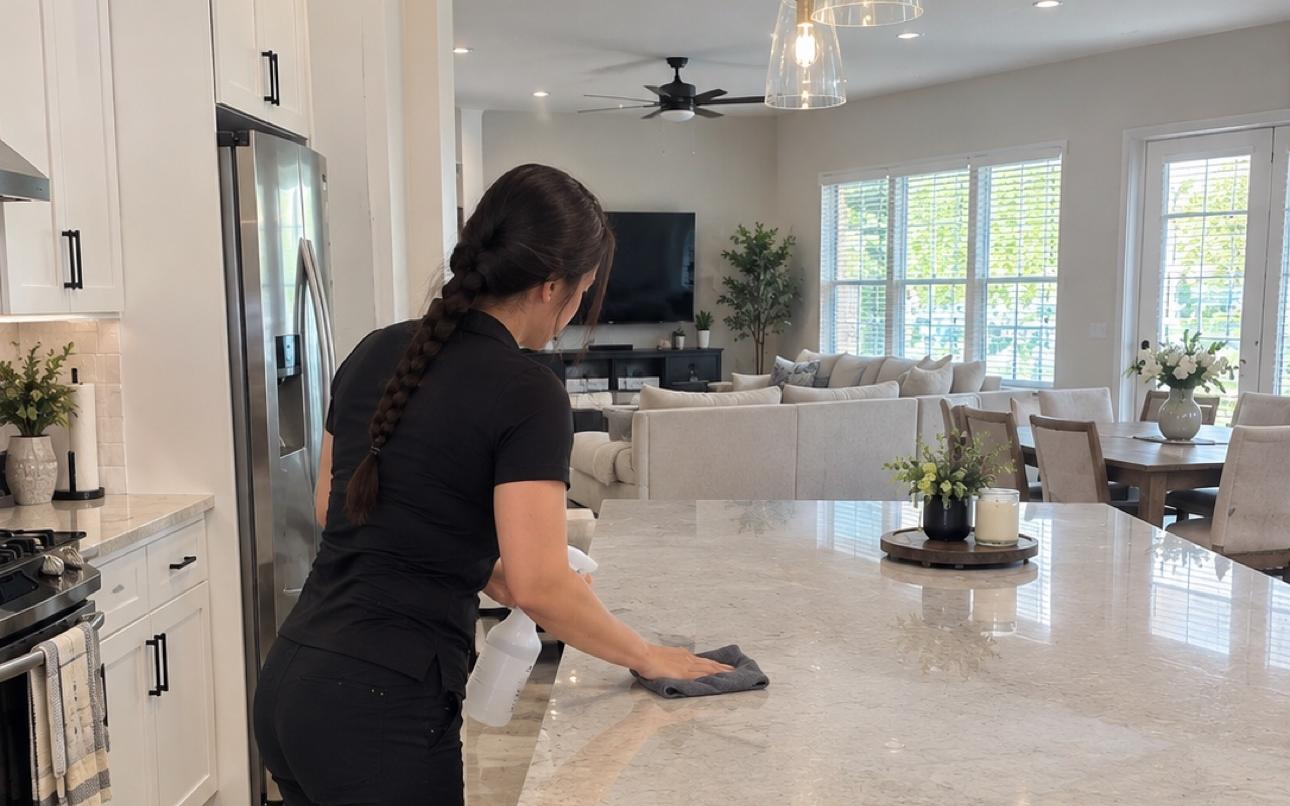 Monica polishing a marble kitchen island by hand, spray bottle in hand
